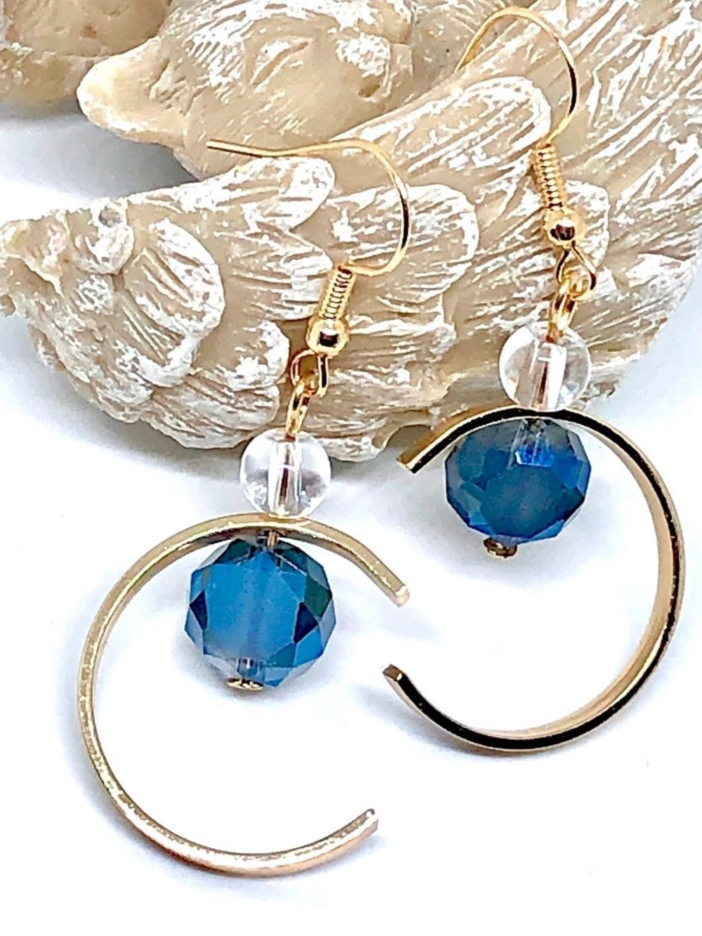 Gold Crescent Moon Dark Blue Crystal Drum Bead Celestial Dangle Earrings 2.12” L